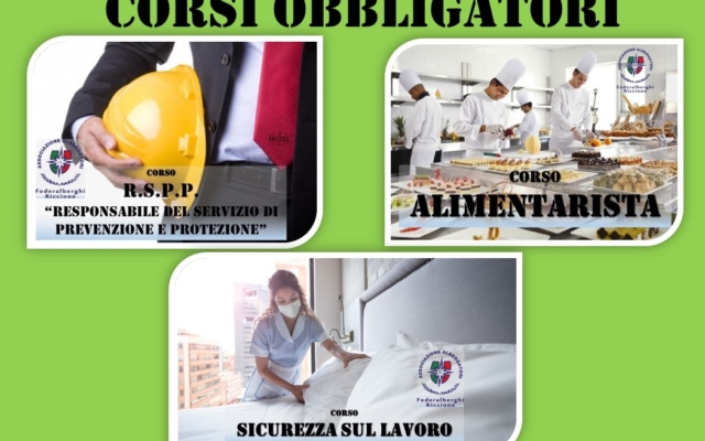 CORSI OBBLIGATORI (online): Alimentarista, Sicurezza sul Lavoro, R.S.P.P., Prevenzione Incendi e Primo Soccorso